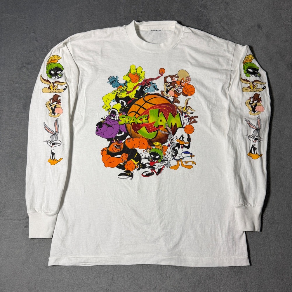 Vintage 1996 Space Jam Warner Bros Single Stitch White Long Sleeve Shirt Size L